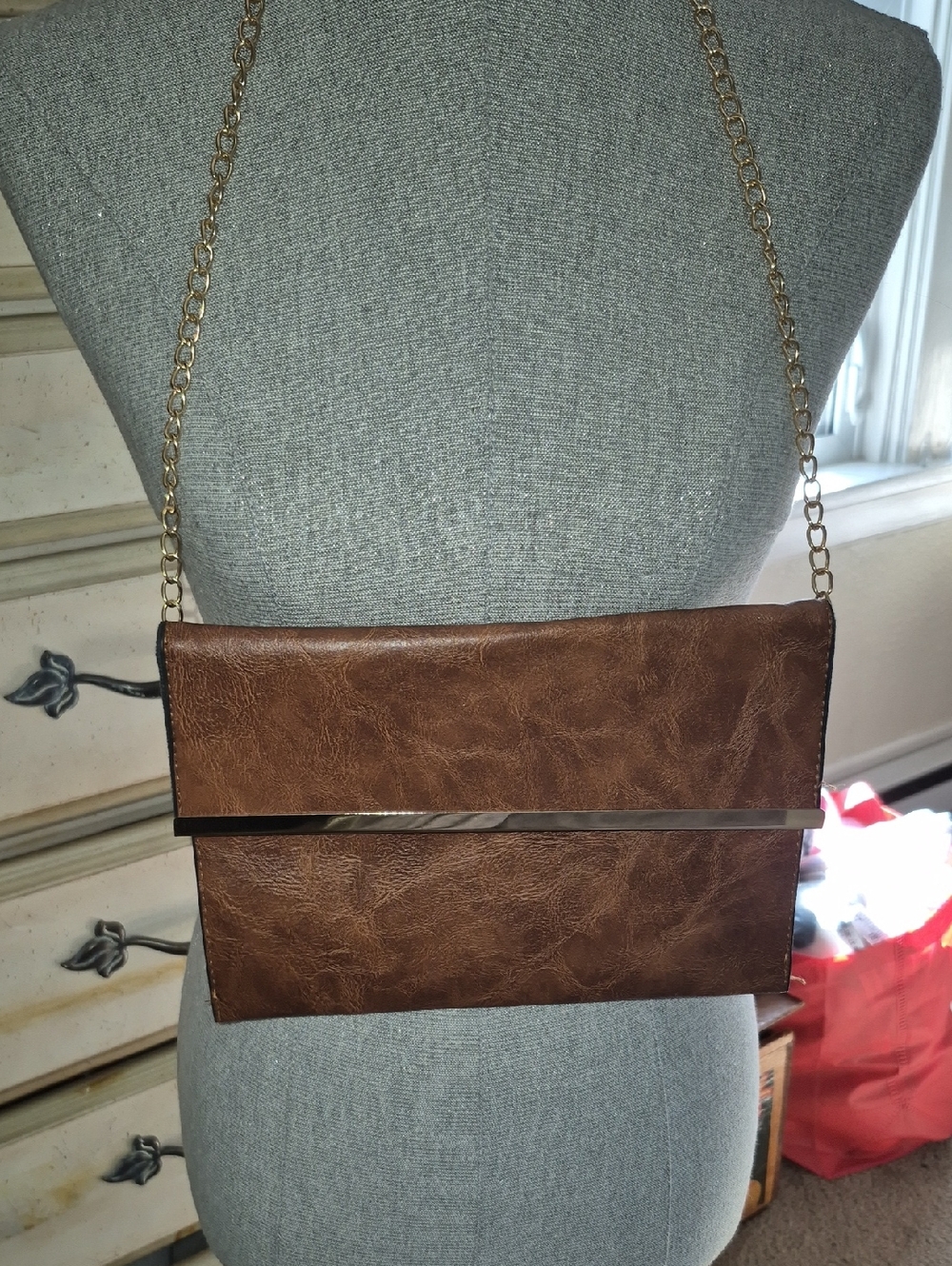 Boutique 9 Brown Faux Leather Fold-Over Clutch with Gold Chain